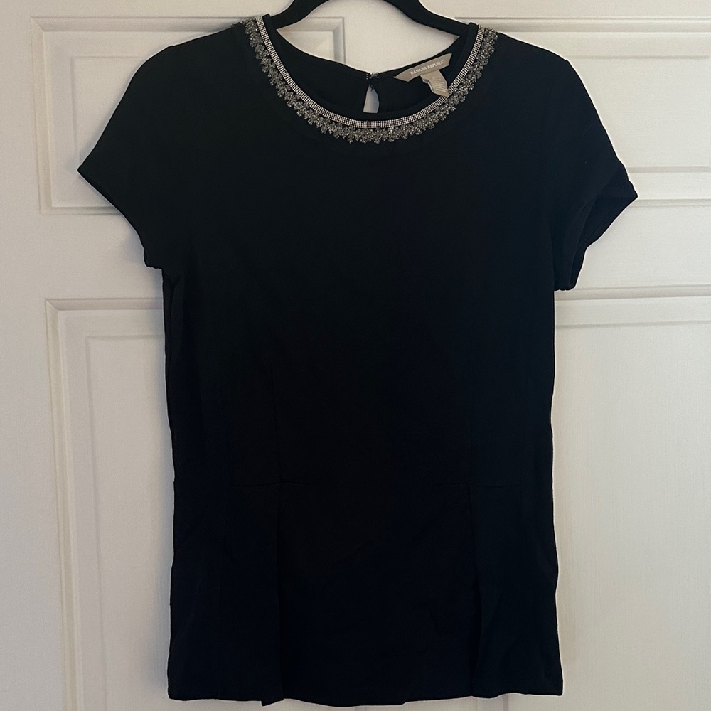Banana Republic Black Short Sleeve  Peplum style Top with Silver Accents